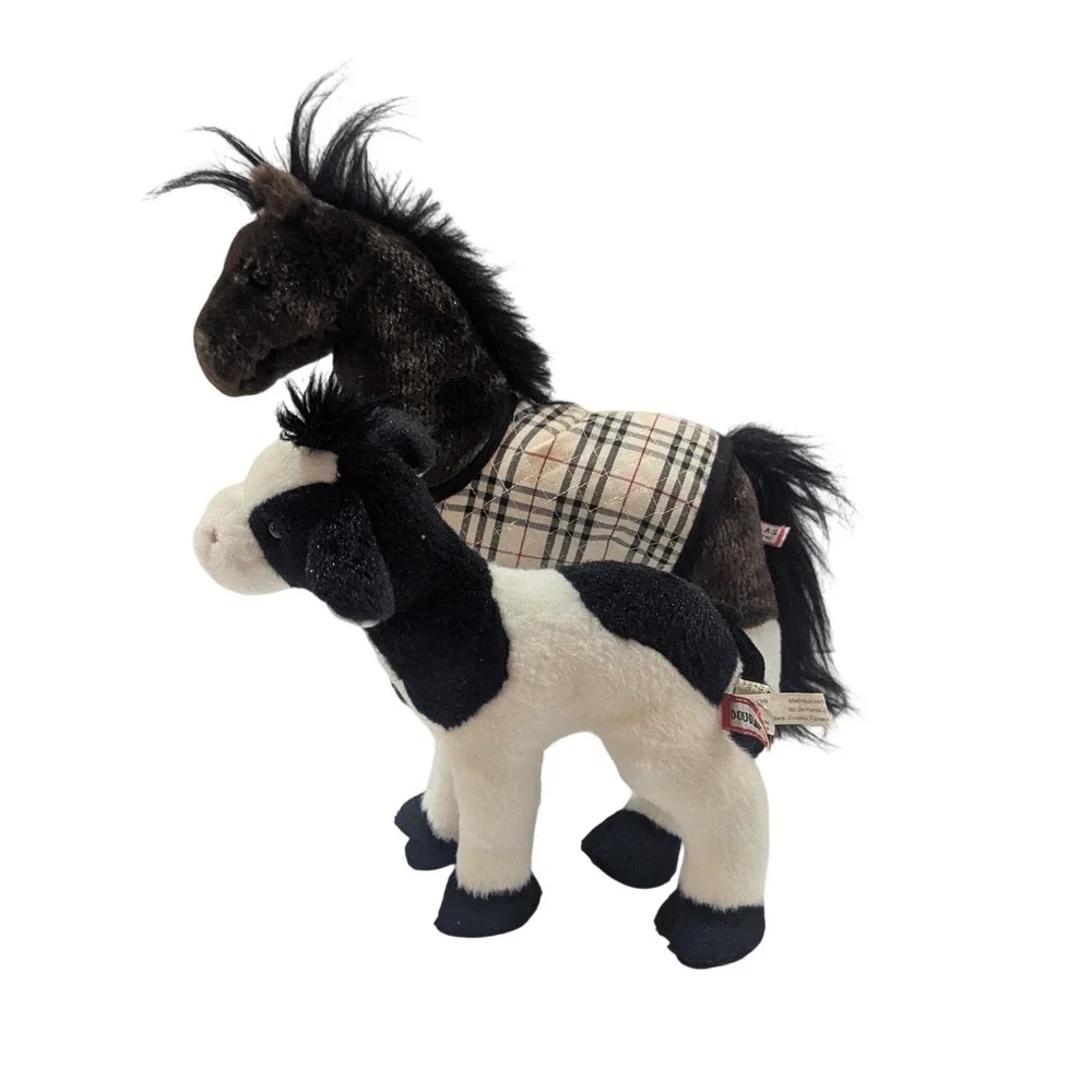 Douglas Cuddle Toys Plush Horse with Plaid Blanket and‎ Black White Cow Set